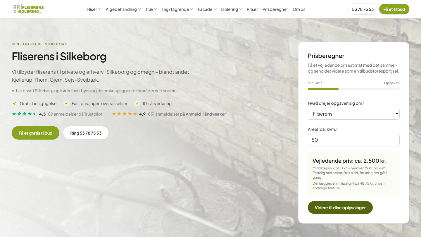 Siden om fliserens i Silkeborg på rrfliserens.dk, som Instans har bygget: egen overskrift for byen, prisberegner, telefonnummer og tilbudsknap